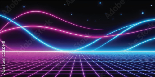 Obraz na płótnie Neon grid landscape with waving light streams in pink and blue landscape futuris