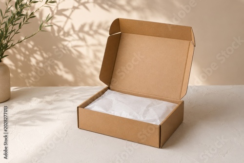 Boîte carton ouverte avec papier de soie blanc en scène packaging naturelle
