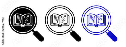 Magnifying Glass Over Book Icon Set – Research, Education, Study and Search Concept Vector Illustration Collection