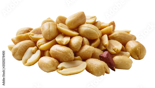 Schilderij op canvas Pile of roasted salted peanuts, whole and halved