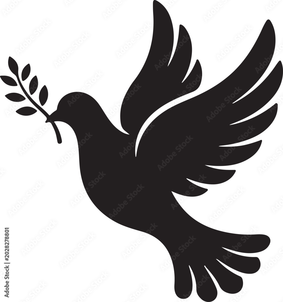 Obraz premium A dove flies with an olive branch in its beak outdoors.