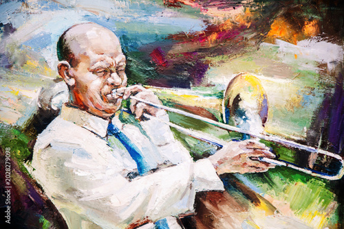 Bild auf Leinwand Fine art oil on canvas illustration of a passionate trombone player performing jazz music, elegant man in a white shirt and blue tie playing brass instrument