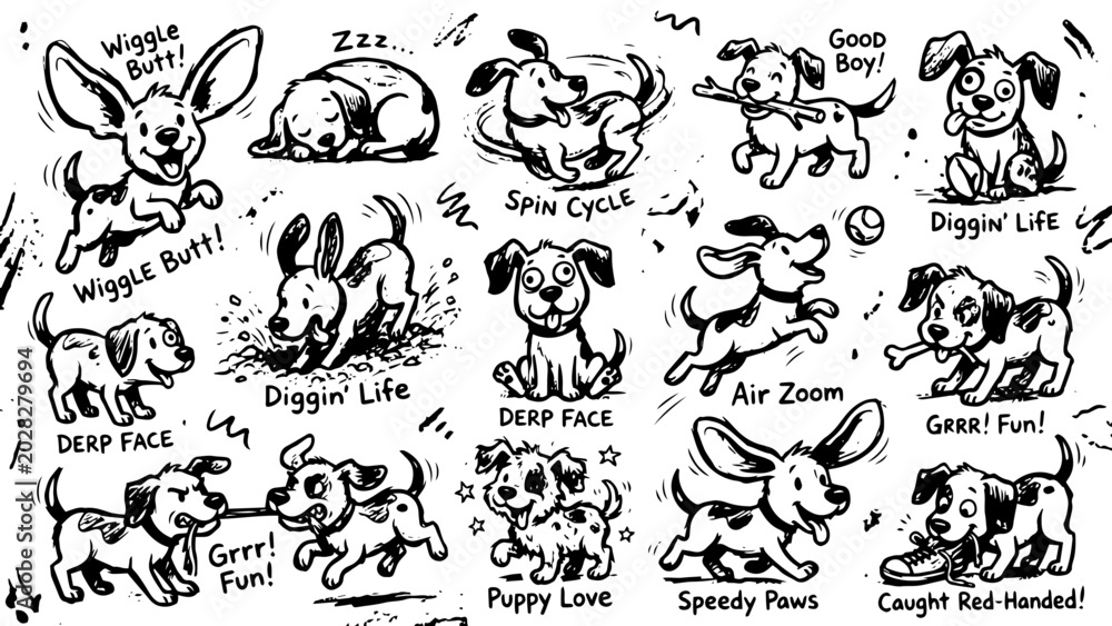 Obraz premium Black and White Puppy Doodle Sheet with Chalk and Crayon Scribble Sketches