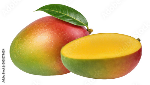 Schilderij op canvas Ripe mango fruit with green leaf and half cut mango showing yellow flesh