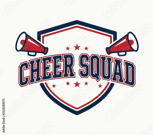 Cheer Squad Varsity Logo with Megaphones, Shield Emblem and Stars in Red White and Blue