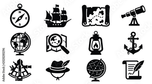 Tableau sur toile Exploration and navigation icons featuring compass ship map telescope globe lant