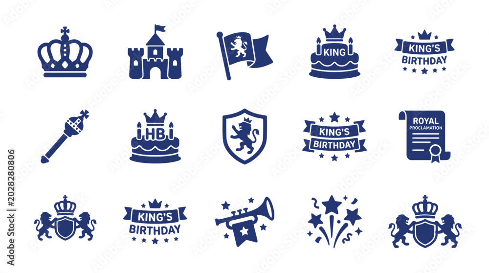 Αυτοκόλλητο Royal blue icons celebrating the king's birthday with crowns castles flags cake