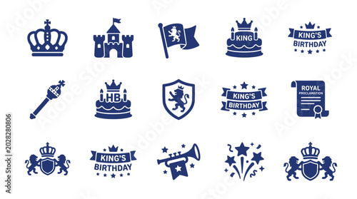Photography Royal blue icons celebrating the king's birthday with crowns castles flags cake