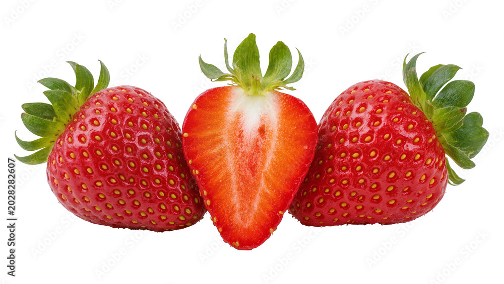 Αυτοκόλλητο Whole and halved fresh strawberries with green leaves