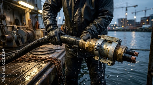 Worker handling thick industrial power cable on dockside with moored ships in background