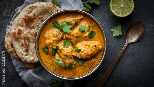 Chicken curry with fresh naan bread and lime garnish in a rustic bowl with indian food with asian food with bread basket with main dish with food photography with asian cuisine with serving spoon