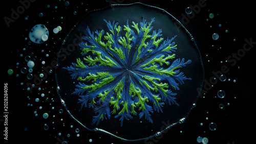 Fluid dynamics snowflake structure displaying intricate blue and green patterns