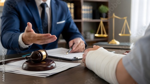 Personal injury lawyer consultation with injured client in office for legal advice accident claim compensation and justice concept