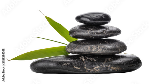 Canvas Print Stack of smooth black spa stones with green bamboo leaves
