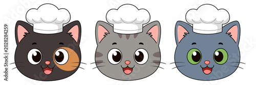 Foto Set of cute cartoon chef cat faces with different fur colors wearing cooking hats