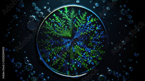 Biotech concept of glowing blue and green cellular network on dark surface