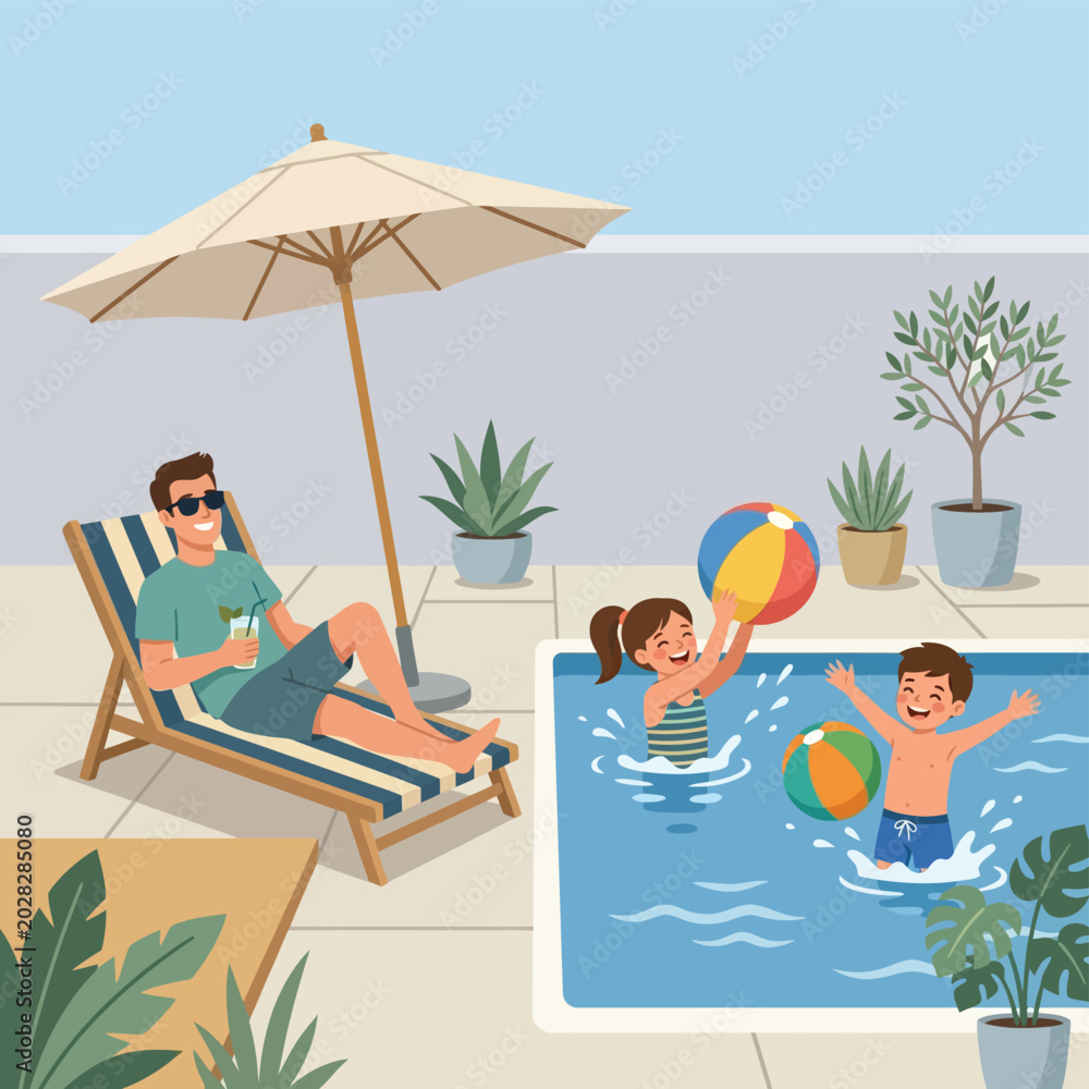 Fototapeta premium Joyful Summer Day Scene Father Relaxes Poolside Watching Happy Kids Play and Splash