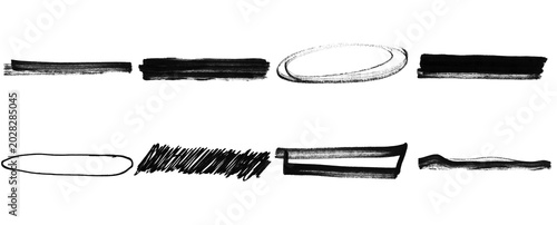 Set of Black Brush Stroke Underlines, Grunge Marker Highlight Lines, Hand Drawn Ink Swipe Elements on Transparent Background.