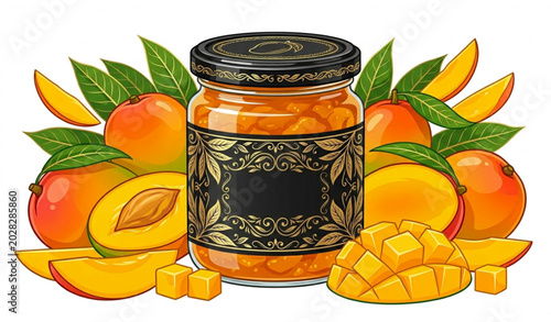 Mango Confiture Jar with Black Label, Whole and Cut Mango Fruits, Gold Leaf Decoration, Sweet Preserve Packaging Mockup on White Background