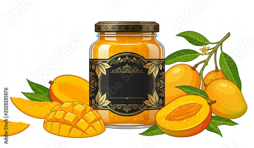 Mango Confiture Jar with Black Label, Whole and Cut Mango Fruits, Gold Leaf Decoration, Sweet Preserve Packaging Mockup on White Background