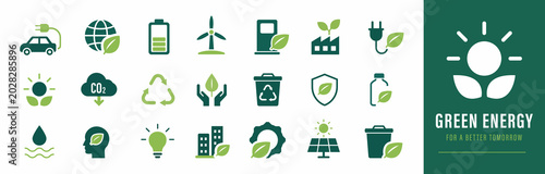 Green Energy Minimal Flat Icon Set With Eco Sustainability Symbols