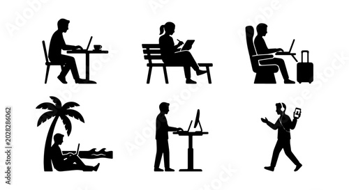 Photos Remote Work Icons Set, Freelancer Lifestyle Graphics, Digital Nomad Silhouettes,