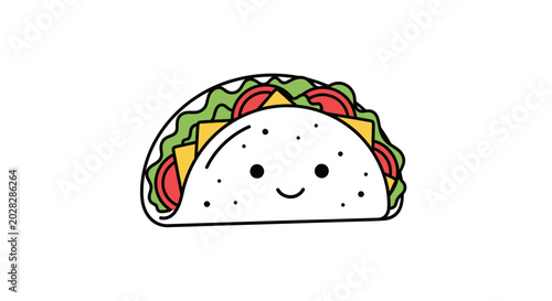 Cute Kawaii Taco Character with Happy Face, Cartoon Food Illustration