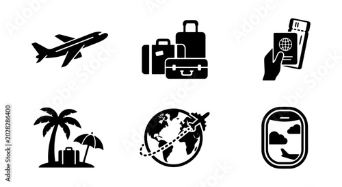 Travel Icons Set: Airplane, Luggage, Passport, Beach, Globe, Window. Vector Graphics.