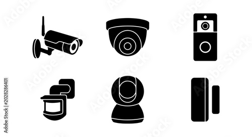Security Camera Icons, Surveillance Systems, Home Monitoring Devices, Vector Set
