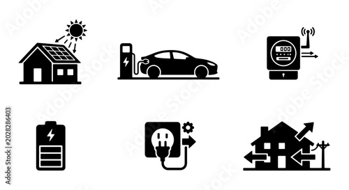 Sustainable Energy Icons: Solar House, EV Charging, Smart Meter, Battery, Power Plug, Grid Connection