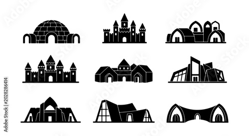 Modern and Traditional Architecture Set, Diverse Building Silhouettes, Architectural Design Elements