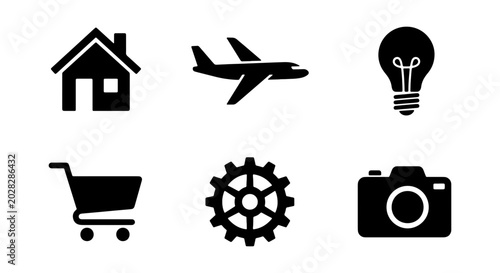 Modern Icon Set: Home, Airplane, Lightbulb, Shopping Cart, Gear, Camera, Vector Graphics