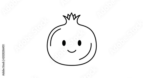 Cute Pomegranate Character with Smiling Face, Simple Line Art