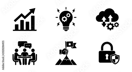 Business Growth Icons: Strategy, Idea, Cloud, Teamwork, Success, Security Vector Set