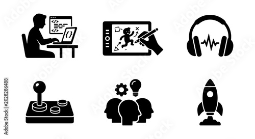 Creative Technology Icons: Coding, Animation, Audio, Gaming, Teamwork, Rocket Launch