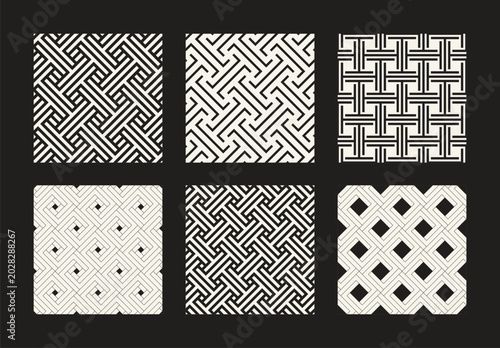 Vector seamless pattern set. Versatile essential ornaments. Geometric background collection. Rectangular bold designs. Regular monochrome swatches. Basic tileable grid.