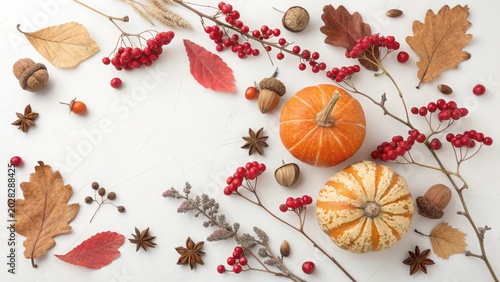 Autumnal elements scattered across a neutral background with seasonal charm