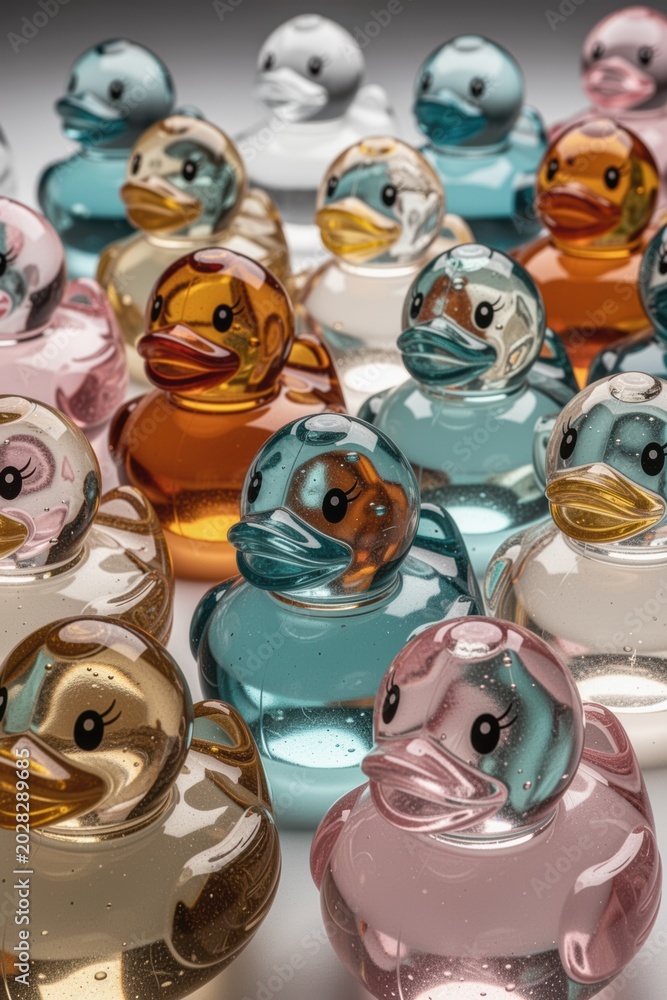 Fototapeta premium Glass ducks arranged in colorful reflective rows with glossy translucent finish