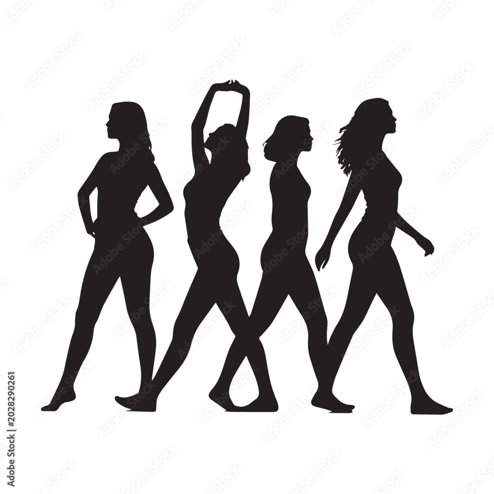 Fototapeta premium Elegant Female Silhouette Collection Featuring Fashion Poses Walking Beauty Lifestyle Vector Illustration.