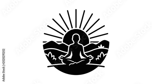 Foto Meditating silhouette rests in the lotus position before a rising sun over a landscape of rolling hills