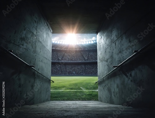 View from inside a dark concrete tunnel looking out onto a brightly lit sports stadium field with stadium seating and lights