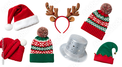 Collection of festive holidaythemed knitted hats and headwear with decorative elements isolated on transparent background