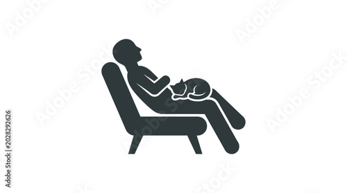 Schilderij op canvas Person rests in a chair while a cat sleeps peacefully on their lap in this simple black graphic design