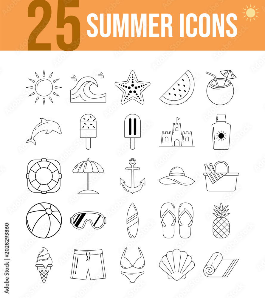 Fototapeta premium Twenty-five unique outline icons showcasing summer holidays, beach activities, and tropical vacation essentials. Ideal for modern graphic design and digital projects