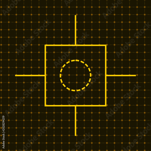 Minimalist gold microchip motherboard schematic pattern on dark grid background with technical central circuit illustration