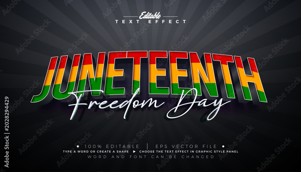 Fototapeta premium Juneteenth Freedom Day Editable Text Effect Graphic Style. African American June 19 Independence Day Typography Template with Flag Pattern in 3d Typography on Black Background. Vector Customizable