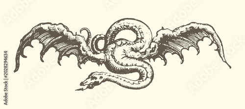 Fotografía A fantastical serpent-like creature with large bat-like wings spreads across the