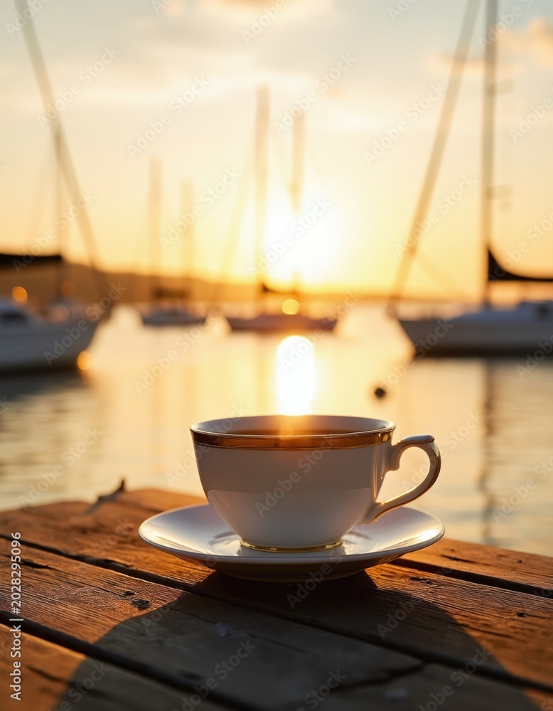 Obraz premium Warm coffee cup sits on wooden dock at sunrise. Boats float on calm sea reflecting golden sun. Quiet morning on water creates peaceful mood.
