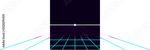 Bild auf Leinwand Purple neon grid floor receding into a vanishing point on a minimal solid black