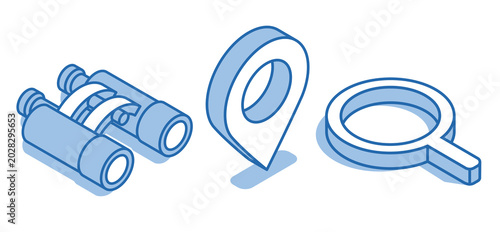 Isometric vector icon set of binoculars next to location icon and magnifying glass on white background, Search and explore